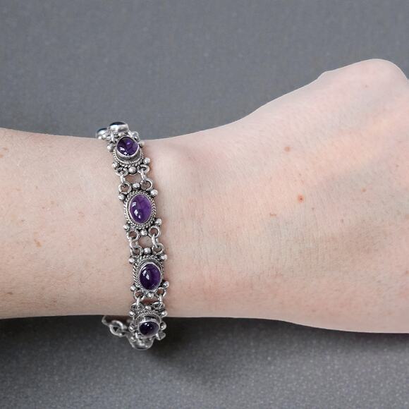 Vintage 925 Silver Amethyst Tennis Bracelet Scrollwork Purple Gemstone 6.5" - Picture 11 of 12
